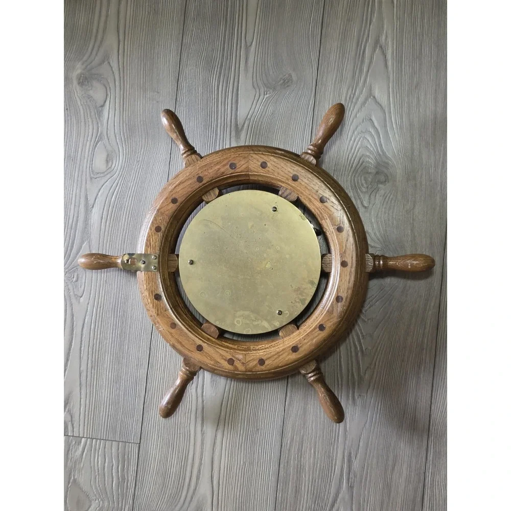 Vintage Brass & Wood Clock Ship's Time Walnut Wheel 18